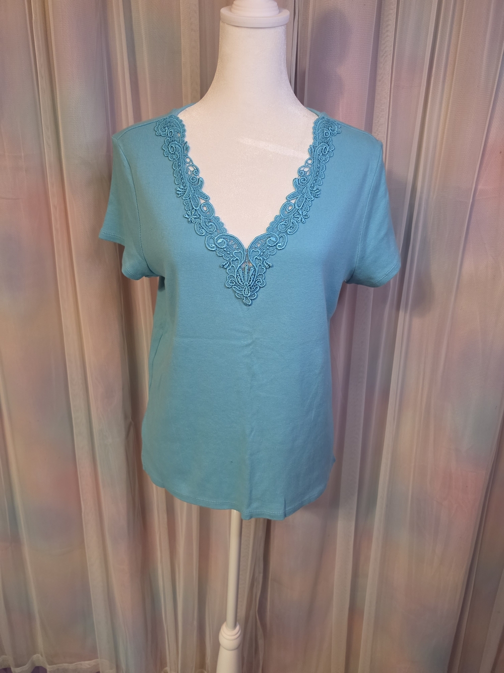 Liz Claiborne Lizwear Turquoise V-Neck Short Sleeve Cotton Top Lace Trim Size Lg